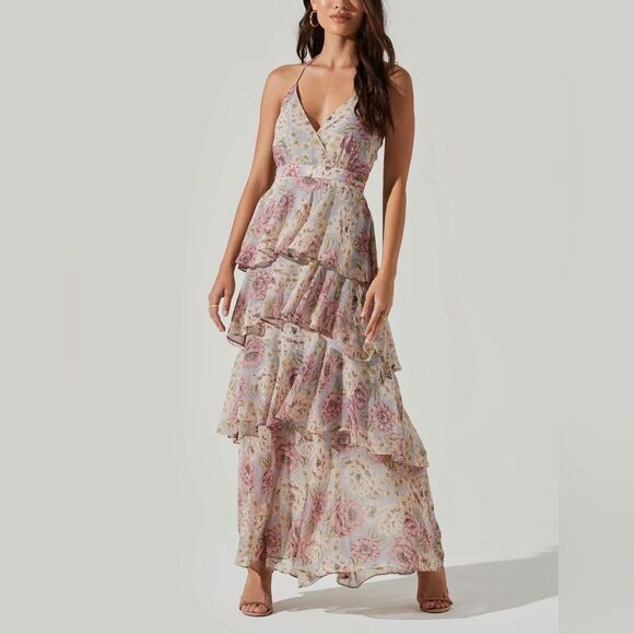 NWT ASTR The label Rosana Floral Tiered Ruffle Maxi Dress in BLUE NATURAL FLR - Picture 1 of 6